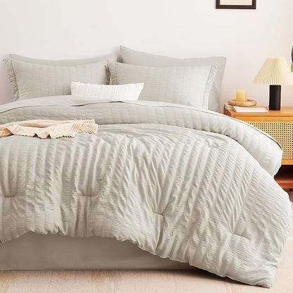 CozyLux Twin Comforter Set with Sheets Seersucker 5 Pieces, Beige Bed in a Bag for Bedroom, Textured Luxury Soft Bedding Set with Down Alternative Comforter, Sheets, Pillowcase & Sham for All Seasons