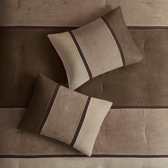 Madison Park Palisades Comforter Set Modern Faux Suede Pieced Stripe Design, All Season Down Alternative Cozy Bedding with Matching Shams, Decorative Pillows, King(104"x92"), Brown 7 Piece