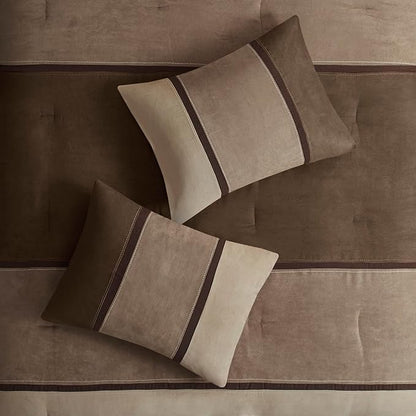 Madison Park Palisades Comforter Set Modern Faux Suede Pieced Stripe Design, All Season Down Alternative Cozy Bedding with Matching Shams, Decorative Pillows, King(104"x92"), Brown 7 Piece