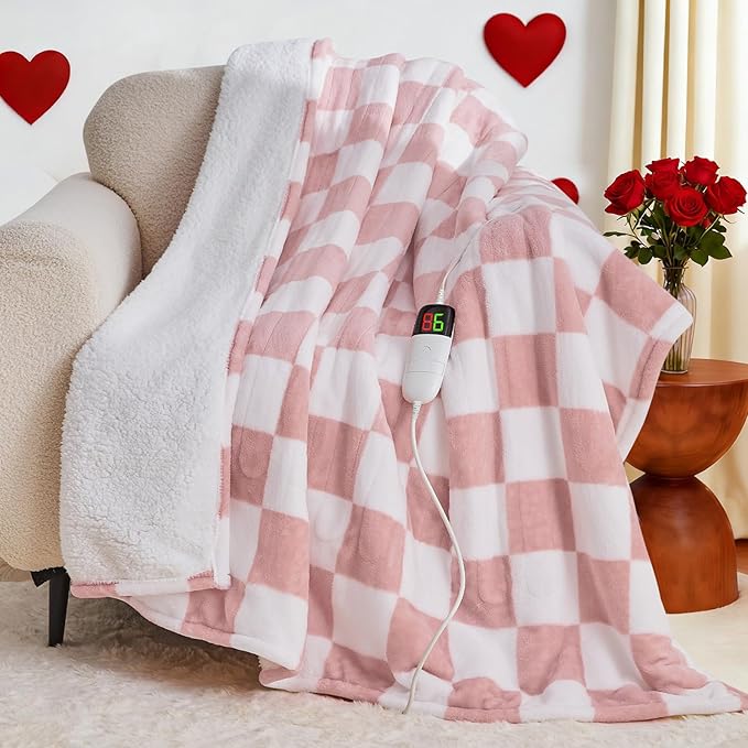 Light Pink Heated Blanket Electric Twin Size, 62X84 Heating Blanket with 10 Heat Levels & 8 Hours Auto Off, Checkered Plaid Soft Fleece Sherpa Blankets Warmer Gifts for Couch Grandma Women Adults
