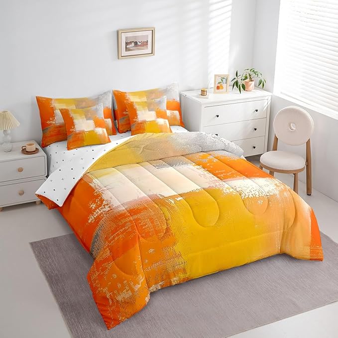 Erosebridal White Gray Orange King Comforter Set 7pcs Aesthetic Bed in a Bag, Watercolor Bedding Comforter Sets (1 Comforter + 1 Fitted Sheet + 1 Flag Sheet + 2 Pillowcase + 2 Throw Pillow Cover)