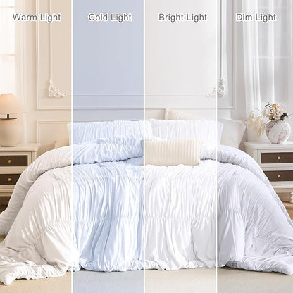Masaca Oversized King Comforter 128x120,White Ruched Ruffle Bedding Comforter,3 Pieces Vintage Farmhouse Lightweight and Soft Shabby Farmhouse Chic Bedding Set for All Season