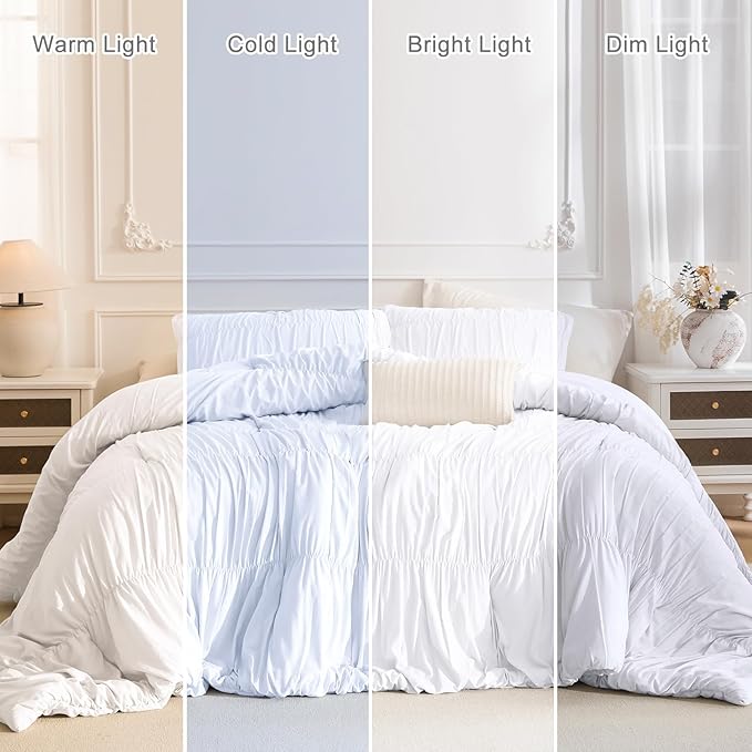 Masaca White Oversized King Comforter Set 120x120,Ruched Ruffle California King Bed Comforter Set Shabby Boho Chic Microfiber Extra Large Bedding Comforter 3PCS