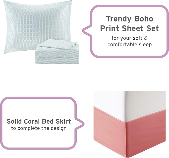 Intelligent Design Complete Bed In A Bag Casual Boho Comforter with Sheet Set Decorative Pillow, All Season Bedding Set, Twin XL, Loretta Coral 7 Piece