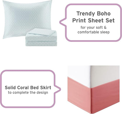 Intelligent Design Complete Bed In A Bag Casual Boho Comforter with Sheet Set Decorative Pillow, All Season Bedding Set, Queen, Loretta Coral 9 Piece