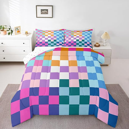 Feelyou Multicolored Checkered Retro Bedding Set Kids Boys Girls Geometric Vintage Comforter Set Full Size Rainbow Colorful Soft Duvet Insert Modern Simple Groovy Aesthetic Room Decor