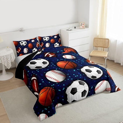 Ball Game Comforter Set for Kids Boys Teens,Baseball Duvet Insert Twin Size,Basketball Soccer Bedding Set Bedroom Decor,Glowing Neon Sports Theme Quilt Comforter with 1 Pillowcase All Season