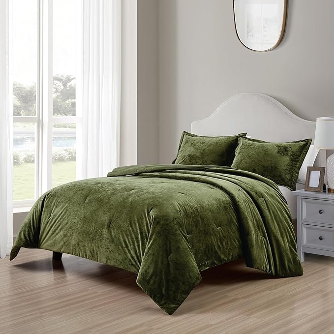 Luxury Velvet Queen Comforter Set, 3 Pieces Reversible Comforters Queen Size with 2 Pillow Shams, Brushed Solid Microfiber Back, All Season Cozy, Soft, Warm, Lightweight (Olive Green, 90x90 Inch)