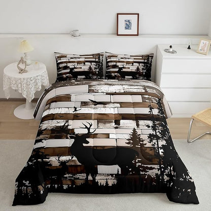 Feelyou Deer Hunting Bedding Set Wild Animal Comforter Set for Kids Boys Girls Rustic Farmhouse Comforter Retro Cabin Quilt Set Bedroom Collection 2Pcs Toddler Size