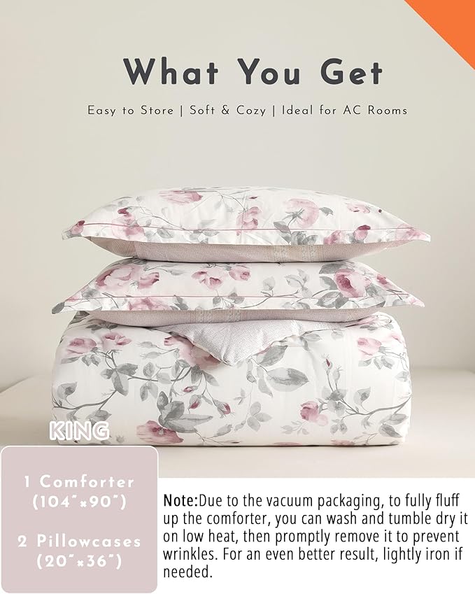 Vintage Cotton 3pcs Floral Comforter Sets King Size - Dusty Rose & Soft Gray Foliage on White, Blush French Striped Patchwork Reverse, Neutural Lightweight Bedding Sets(King 104"×90")