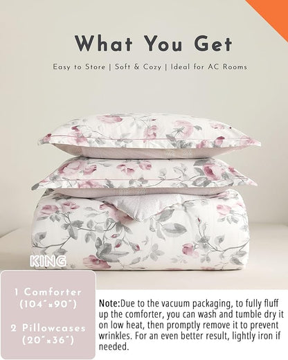 Vintage Cotton 3pcs Floral Comforter Sets King Size - Dusty Rose & Soft Gray Foliage on White, Blush French Striped Patchwork Reverse, Neutural Lightweight Bedding Sets(King 104"×90")