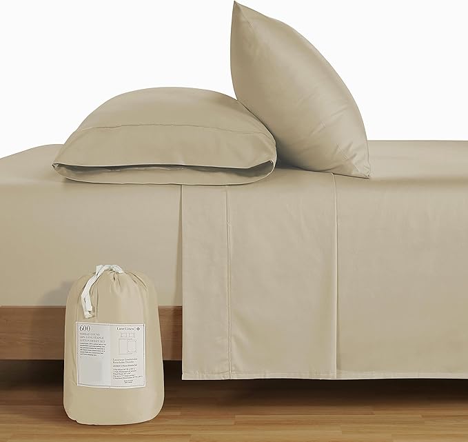 LANE LINEN 600 Thread Count 100% Mercerized Cotton Full Bed Sheets Set, Ultra Soft Sateen Weave Fully Elasticized Fitted, Soft & Comfy Natural Cooling Full Sheet & Pillowcase Set - Linen