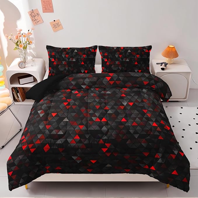 Geometric Red Black Comforter Set,Triangle Honeycomb 3 PCS Bedding Set Twin Size for Teen Adult,Modern Quilt Set Geometry Decor,Microfiber Lightweight 1 Comforter 2 Pillowcases