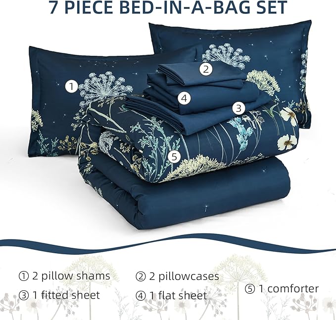 Yiran Navy Blue Floral Comforter Set King Size, 7 Piece Dandelion Botanical Spring Comforter Bedding Set, Bed in a Bag King, Soft Microfiber Complete Bedding Set with Sheets for All Season