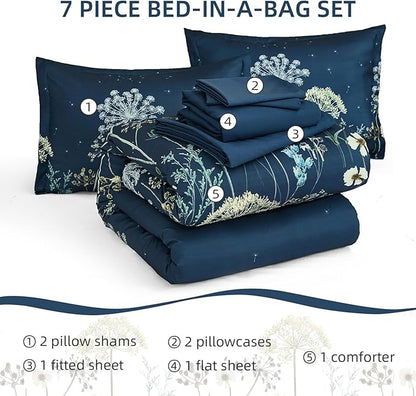 Yiran Navy Blue Floral Comforter Set Queen Size, 7 Piece Dandelion Botanical Spring Comforter Bedding Set, Bed in a Bag Queen, Soft Microfiber Complete Bedding Set with Sheets for All Season