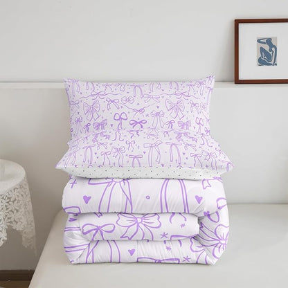 Cartoon Bowknot Kids Bedding Set Queen Size,Purple Bow Tie Comforter Set 3Pcs,Butterfly Knot Princess Girls Quilt Set for Teens Woman,Bow Stars Love Sweet Girly Duvet Insert,2 Pillowcases