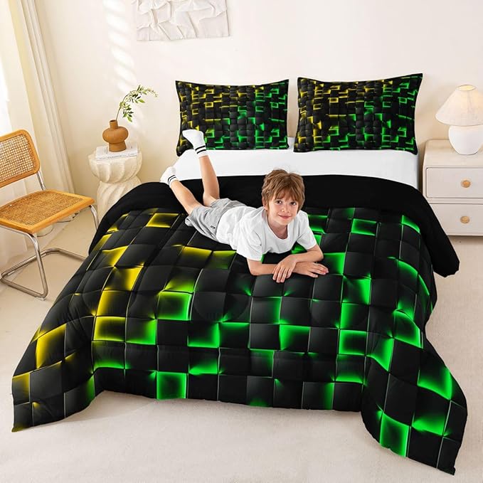 Erosebridal Geometric Checkered Comforter Set Full Neon Yellow Green Bedding Set for Kids Boys Teen Gamer Room Decor,Abstract Ombre Plaid Comforter Grids Quilt Duvet Black