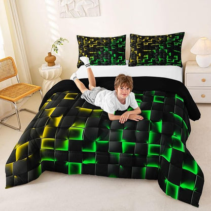 Erosebridal Geometric Checkered Comforter Set Full Neon Yellow Green Bedding Set for Kids Boys Teen Gamer Room Decor,Abstract Ombre Plaid Comforter Grids Quilt Duvet Black