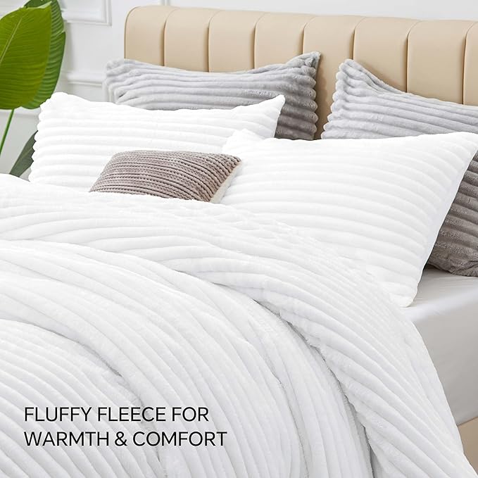 BEDELITE Fleece Oversized Queen Comforter Set -Super Soft & Warm Fluffy Bright White Bedding, Luxury Fuzzy Heavy Bed Set for Winter with 2 Pillow Cases