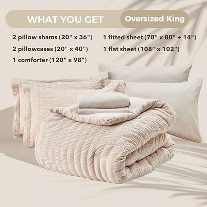 HYMOKEGE Beige Oversized King Comforter Set Seersucker 7 Pieces, All Season Luxury Bed in a Bag for Bedroom, Bedding Set with Comforter, Sheets, Pillowcases & Shams