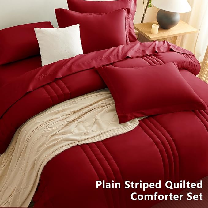 CozyLux Queen Comforter Set - 7 Pieces Bed in a Bag Dark Red Comforter Set with Sheets Luxury Bed Set All Seasons, Soft Bedding Set with Down Alternative Comforter, Sheets, Pillowcases & Shams