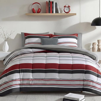 Monbix Queen Comforter Set - 7 Pieces Bed in a Bag Queen, Red and Black-Stripe Bedding Sets, All Seasons Comforter Bed Set with Sheets, Pillowcases & Shams