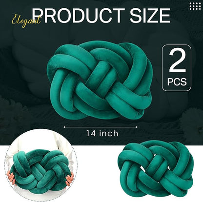 Sintuff Set of 2 Velvet Knot Pillow Ball 14 x 16 Inch Soft Decorative Knotted Throw Pillow for Christmas Thanksgiving Couch Home Sofa Bedroom Decor to Add Comfort and Style(Green)