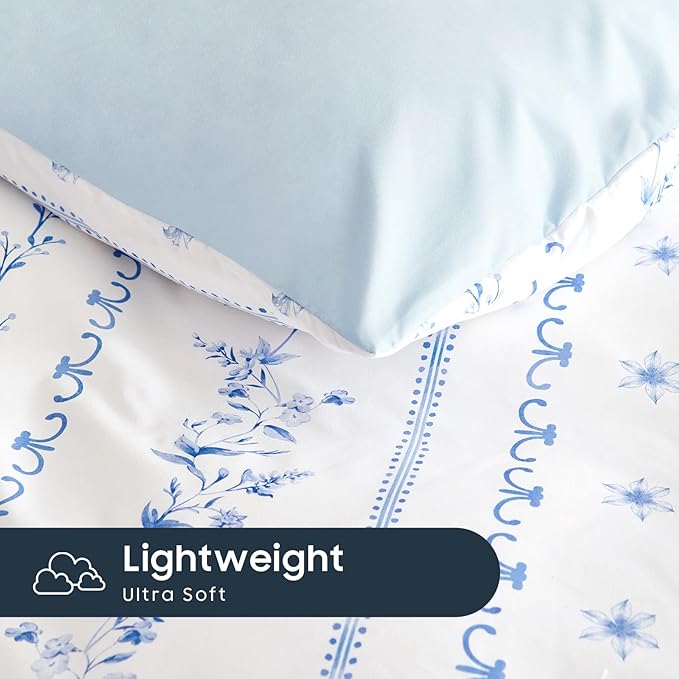 Wake In Cloud - Shabby Chic Comforter Set, Cottagecore Floral Romantic Charming Style with Botanical Stripe Pattern, Soft Lightweight Bedding, 3 Pieces, Blue White, Twin/Twin XL Size