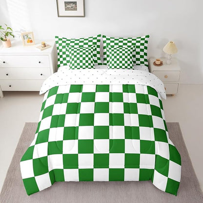 Feelyou Checkered Retro 7 Piece Bedding Set Teen Women Men Green White Plaid Comforter Set with Sheets King Size Kids Boys Geometric Vintage Bed in a Bag Modern Simple Groovy Aesthetic Room Decor