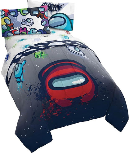 Jay Franco Among Us Space Splatter (4 Piece) Twin Size Bed Set - Includes Comforter & Sheet Set - Super Soft Fade Resistant Microfiber (Official Among Us Product)