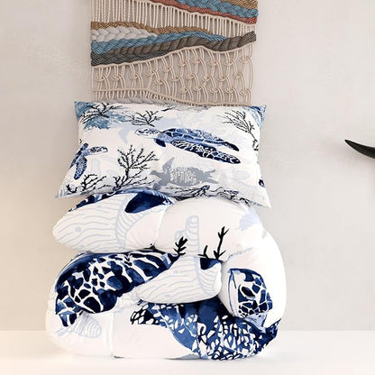 Sea Turtle Comforter Set, White Color 3D Pattern for Kids Teens Adults,Decorative Bedding Comforter Sets with 2 Pillow Shams, King Size