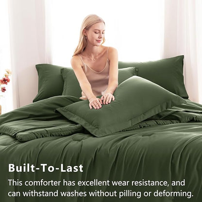 CozyLux King Size Comforter Set Olive Green, 7 Pieces Bed in a Bag King Comforter Set with Sheets, Bedding Set with Down Alternative Comforter, Fitted Sheets, Flat Sheets, Pillow Shams and Pillowcases