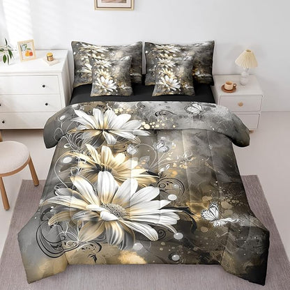 Feelyou Girls Vintage Flower Comforter Set with Sheets Twin Size 7 Pieces Kids Yellow Daisy Florals Pattern Bedding Set for Boys Women Teens Butterfly Botanical Nature Garden Theme Bed in a Bag