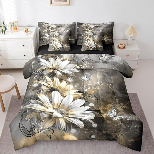 Feelyou Girls Vintage Flower Comforter Set with Sheets Twin Size 7 Pieces Kids Yellow Daisy Florals Pattern Bedding Set for Boys Women Teens Butterfly Botanical Nature Garden Theme Bed in a Bag