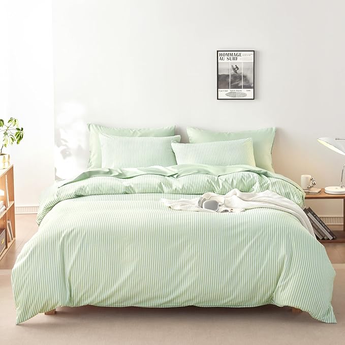 Wake In Cloud - Striped Comforter Set with Sheets, Ticking Stripe Vertical Pinstripe Neutral Farmhouse Pattern Printed, 5 Pieces Bed in a Bag, Sage Green White, Twin Size
