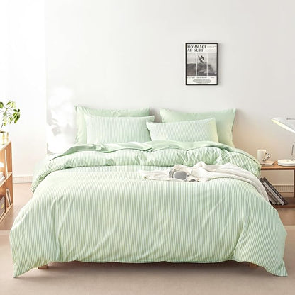 Wake In Cloud - Striped Comforter Set with Sheets, Ticking Stripe Vertical Pinstripe Neutral Farmhouse Pattern Printed, 5 Pieces Bed in a Bag, Sage Green White, Twin Size