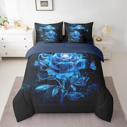 Erosebridal Black Blue Rose King Comforter Set with Sheets for Women Girls,Trippy Rose Flower Bedding Set for Couples Bedroom Decor,Butterfly 7 Piece Bed in a Bag Valentines Day Wedding Gifts