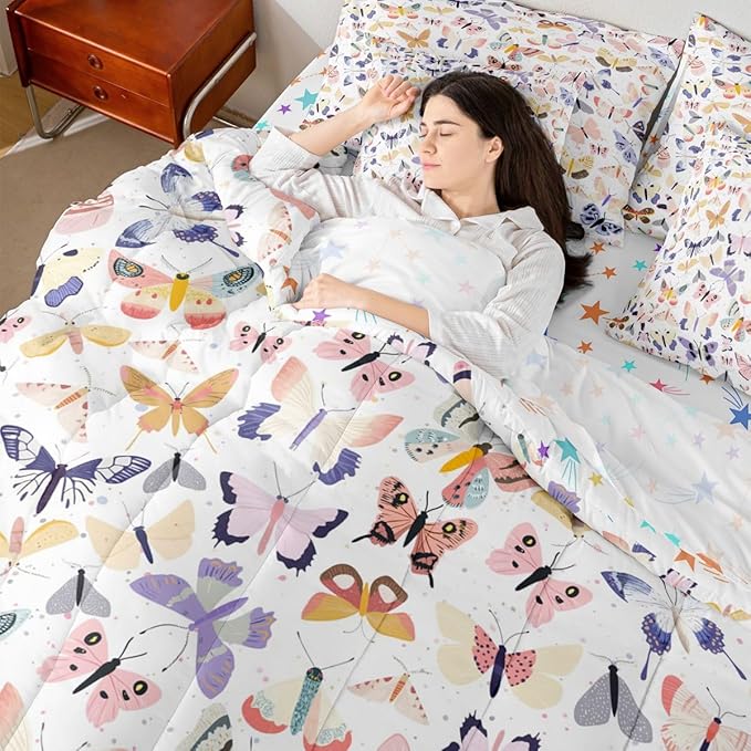 Feelyou Pretty Butterfly 7 Piece Bedding Set Colorful Butterfly Comforter Set with Sheets for Kids Boys Girls Artwork Butterflies Bed in a Bag Animal Theme Bed Set Soft Lightweight