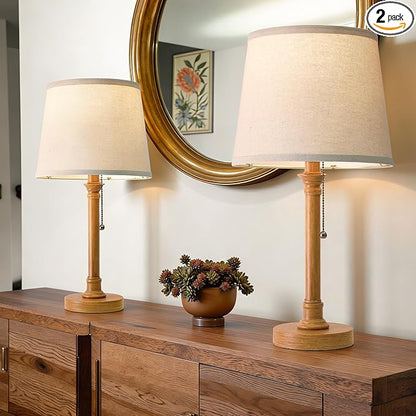 Oneach 19.5" Small Table Lamps Set of 2, Pull Chain Switch Bedside Metal Table Lamps, Modern Nightstand Lamp with Linen Shade, Rustic Lamp for Living Room, Bedroom, Home Office, Nursery