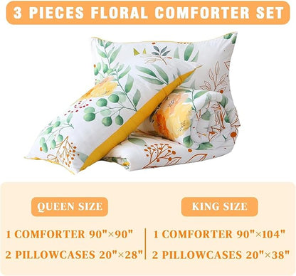 King Comforter Set Yellow 3 Pieces Bed in a Bag, Floral Bedding Sets Elegant Botanical Bed Set Lightweight Soft Comforter with 2 Pillowcases for All Season