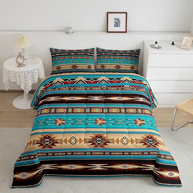 Aztec Quilt Ethnic Tribal Arrow Comforter Set,Retro Southwest Native Bohemian Bedding Set King,Western Star Geometric Sriped Duvet Insert African Tribe Exotic Nordic Style Boho Decor,Blue Brown