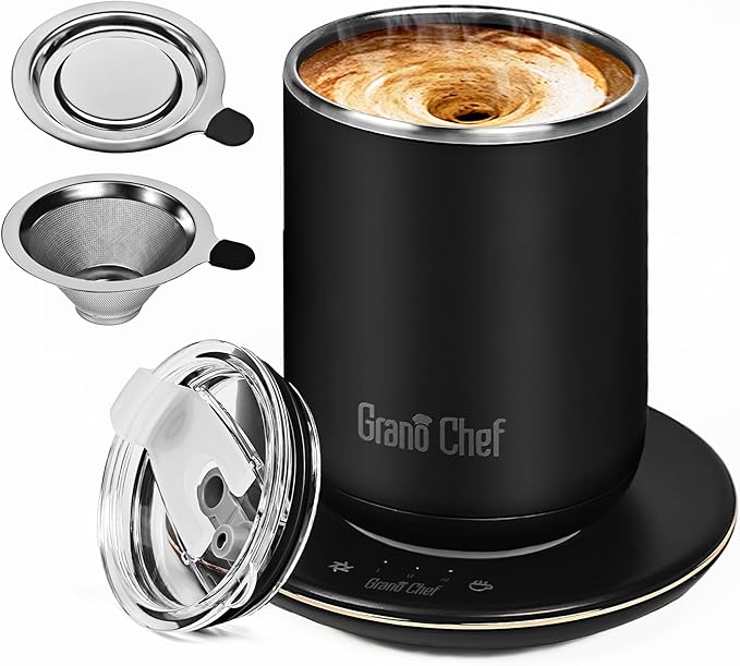 Self-Heating Coffee Mug, Coffee Mug with Self Stirring&Fast Heating, 10oz Temperature Controlled Coffee Cup Warmer, Heated for Tea/Coffee at Office/Kitchen/Travel, with Reusable Coffee Dripper, Black