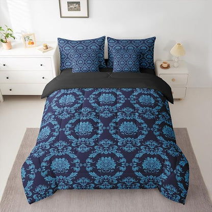 Erosebridal Black and Blue Damask Bed in a Bag King Size Comforter Set 7 Pieces | Antique Decor Gothic Vintage Floral Bedding Sets Boho Baroque Comforter and Sheet Set, Luxury Bohemian Bed Sets