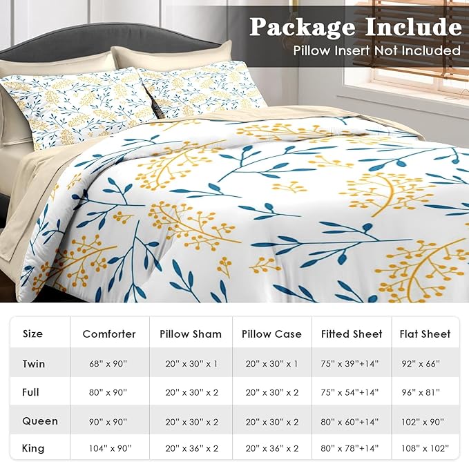 Comforter Set King Size, Floral Yellow Flower 7 Pcs Bedding for Kids and Adults, Blue Leaves Summer Bed Sheet Sets with Fitted Sheet 2 Pillowcases & 2 Shams for Bedroom Bed Decor