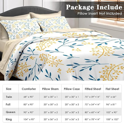Comforter Set King Size, Floral Yellow Flower 7 Pcs Bedding for Kids and Adults, Blue Leaves Summer Bed Sheet Sets with Fitted Sheet 2 Pillowcases & 2 Shams for Bedroom Bed Decor