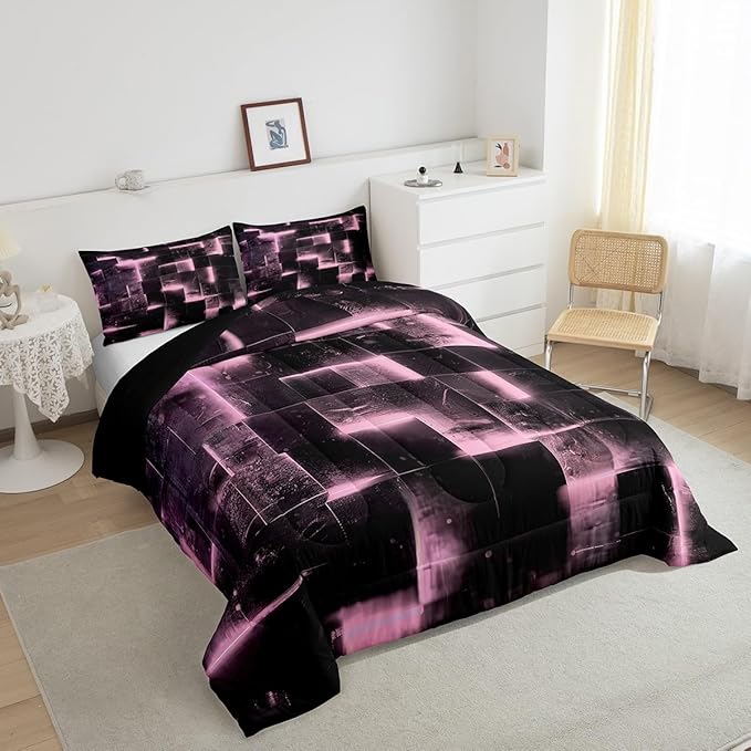 Erosebridal Black and Pink Comforter Set Twin Modern Abstract Twin Bedding, 3D Glowing Plaid Bedding Comforter Sets Gradient Grid Duvet, Neon Square Quilted Comforter 2pcs (Black Reversible)