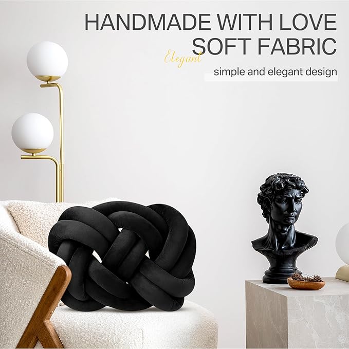 Sintuff Set of 2 Velvet Knot Pillow Ball 14 x 16 Inch Soft Decorative Knotted Throw Pillow for Christmas Thanksgiving Couch Home Sofa Bedroom Decor to Add Comfort and Style(Black)