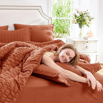 CozyLux Full Size Comforter Sets with Sheets Seersucker 7 Pieces Burnt Orange Bed in a Bag Luxury Terracotta Bedding Set with Down Alternative Comforter, Sheets, Pillowcases & Shams for All Seasons