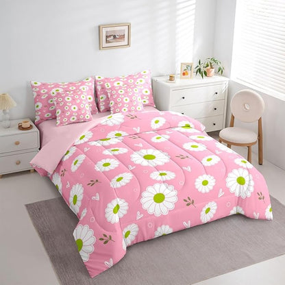 Feelyou Daisy Comforter Set with Sheets 7 Piece Twin Size Botanical Floral Printed Bed in a Bag Kids Boys Girls Blossom Flowers Pattern Bedding Set Pink Bedroom Decor Microfiber