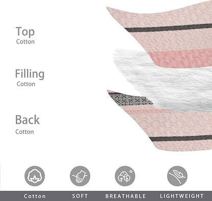 Homzard Quilts Queen Size, Cotton Comforter Set, Light Pink and Grey Queen Bed Set, Lightweight Striped Bedding, Farmhouse Bedspread All Season 3 Pieces